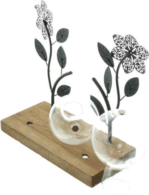 Board "Flowers" aus Holz, 2 Metall Blumen in schwarz & 2 Vasen aus Glas, Dekoboard, Vasenhalter, Blumenvase