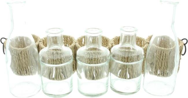 Vasenset "Flaschen" Vasenhalter aus Papierschnur mit 5 Glasvasen in Flaschenform, Tischdeko, Blumenvase, Tischvase