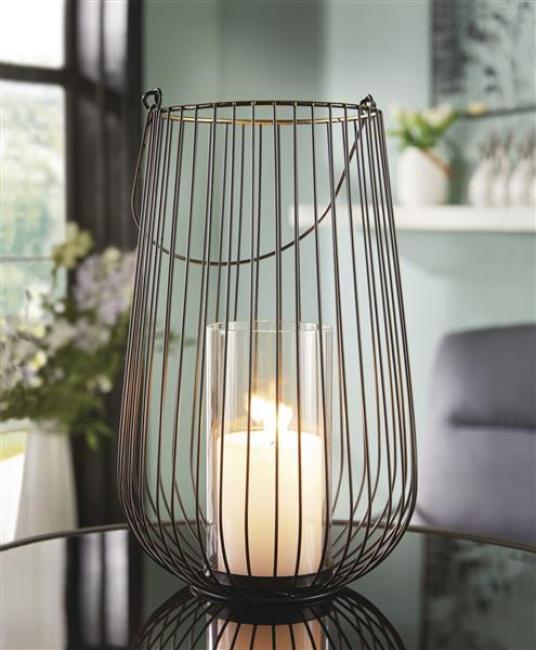 Preview: Windlicht "Retro" groß aus Metall, schwarz / gold, 34 cm hoch, Hängelaterne mit Windlichtglas, Kerzenhalter