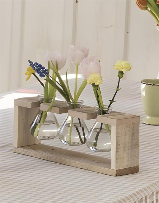 Vasenhalter "Wood" aus recyceltem Holz mit 3 Glasvasen, Tischdeko, Vasenständer mit kleinen Blumenvasen