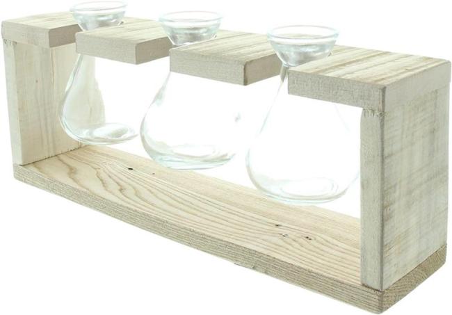 Preview: Vasenhalter "Wood" aus recyceltem Holz mit 3 Glasvasen, Tischdeko, Vasenständer mit kleinen Blumenvasen