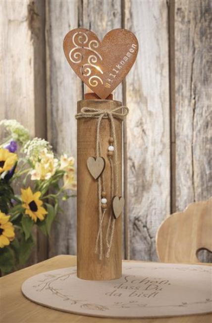 Preview: Windlichtsäule "Herz" aus Holz & Metall mit Echt Rost, 44 cm hoch, Holzsäule, Dekosäule mit Kerzenglas, Bodenwindlicht, Kerzensäule
