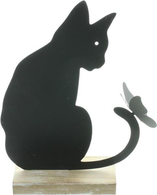 Preview: Dekofigur "Katze mit Schmetterling" aus Metall, matt schwarz, 21 cm hoch, Metallfigur, Metalldeko