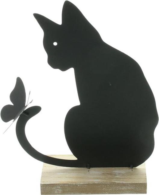 Dekofigur "Katze mit Schmetterling" aus Metall, matt schwarz, 21 cm hoch, Metallfigur, Metalldeko