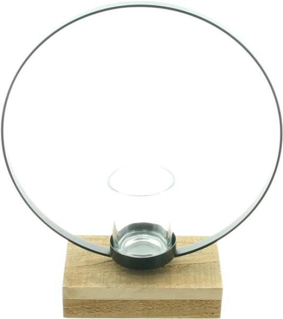 Preview: Windlicht "Ring" aus Metall, schwarz, mit Sockel aus recyceltem Holz, 1 Teelichtglas, Teelichthalter, Windlichtglas