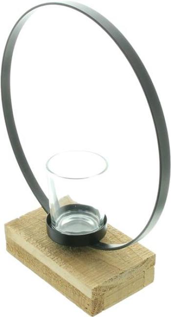 Preview: Windlicht "Ring" aus Metall, schwarz, mit Sockel aus recyceltem Holz, 1 Teelichtglas, Teelichthalter, Windlichtglas