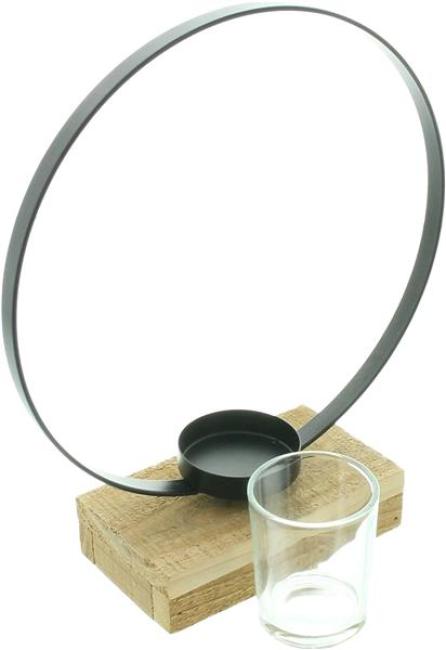Windlicht "Ring" aus Metall, schwarz, mit Sockel aus recyceltem Holz, 1 Teelichtglas, Teelichthalter, Windlichtglas