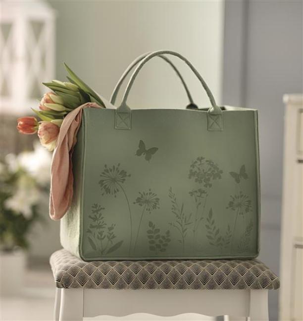 Preview: Tasche "Blumenwiese" aus Filz in grün, große Einkaufstasche, Filztasche, Shopper, Tragetasche