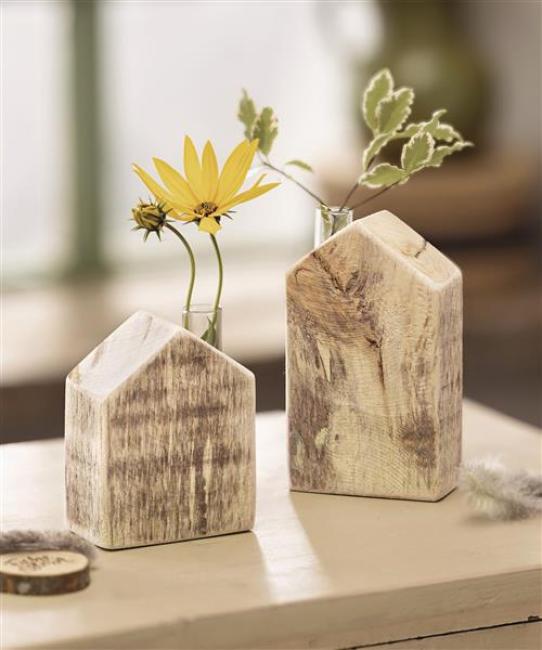 Preview: 2x Vase "Häuschen" aus Holz, geflammt, mit Reagenzglas für einzelne Blumen, Blumenvase, Reagenzglasständer