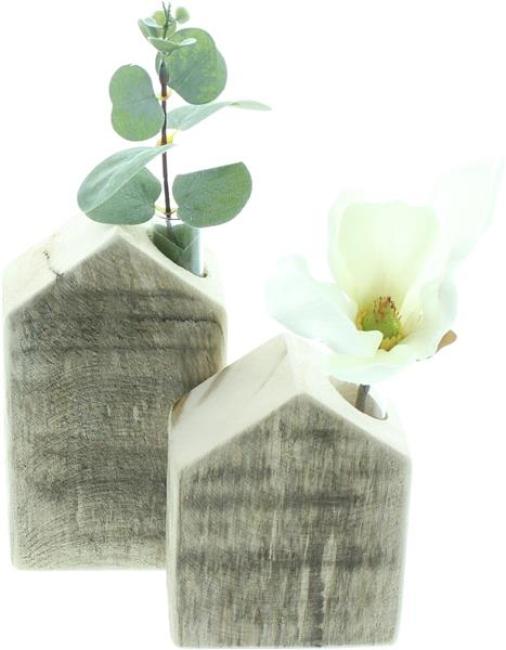 Preview: 2x Vase "Häuschen" aus Holz, geflammt, mit Reagenzglas für einzelne Blumen, Blumenvase, Reagenzglasständer