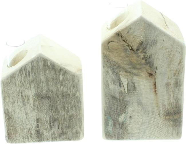 2x Vase "Häuschen" aus Holz, geflammt, mit Reagenzglas für einzelne Blumen, Blumenvase, Reagenzglasständer