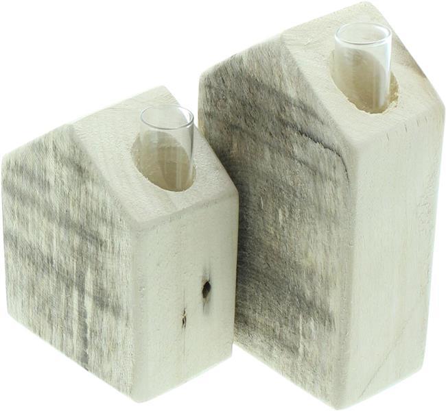 2x Vase "Häuschen" aus Holz, geflammt, mit Reagenzglas für einzelne Blumen, Blumenvase, Reagenzglasständer