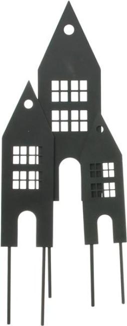 3x Stecker "Haus" aus Metall, schwarz, 20 25 30 cm hoch, Dekostecker, Blumenstecker, Pflanzenstecker