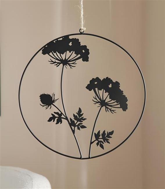Preview: Dekohänger "Blumen" aus Metall, matt schwarz, Ø 35 cm, Wanddeko, Wandbild, Türdeko, Fensterdeko