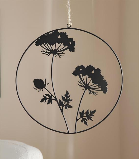 Dekohänger "Blumen" aus Metall, matt schwarz, Ø 35 cm, Wanddeko, Wandbild, Türdeko, Fensterdeko