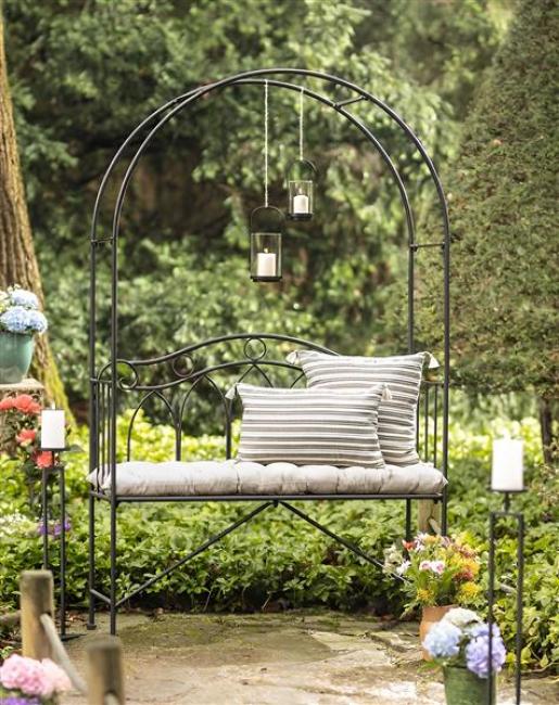 Preview: Sitzbank "Rankbogen" aus Metall, schwarz, 2sitzer Gartenbank mit Rosenbogen, Metallbank mit Rankhilfe