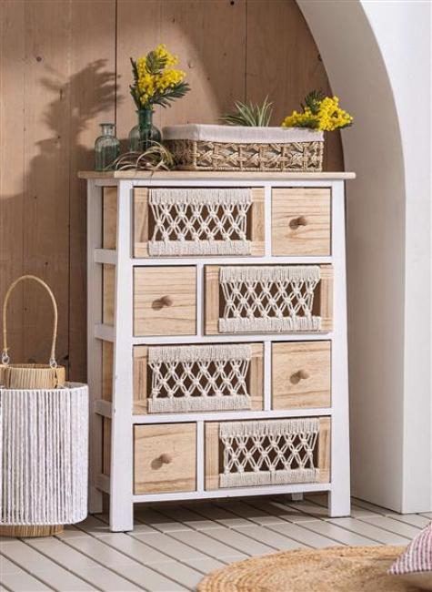 Preview: Kommode "Makramee" aus Holz & Textil, 56 x 77 cm, 8 Schubladen, Schubladenkommode Boho Chic