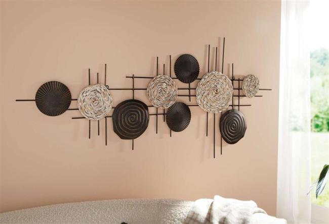 Preview: Wanddeko "Kreise" aus Metall & Seegras, 112x51 cm, Wandbild, Wandschmuck