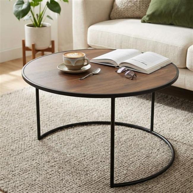 Preview: Beistelltisch "Modern" rund Ø 57 cm, Tischplatte furniert in Holz Optik, Gestell aus Metall, schwarz, Couchtisch, Sofatisch