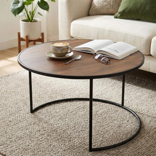Beistelltisch "Modern" rund Ø 57 cm, Tischplatte furniert in Holz Optik, Gestell aus Metall, schwarz, Couchtisch, Sofatisch