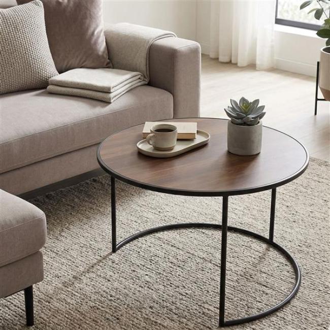 Preview: Beistelltisch "Modern" rund Ø 57 cm, Tischplatte furniert in Holz Optik, Gestell aus Metall, schwarz, Couchtisch, Sofatisch