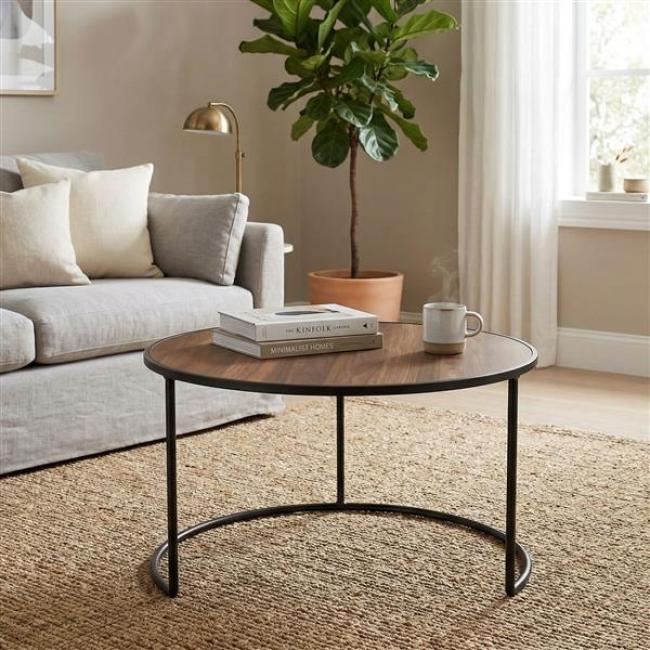Preview: Beistelltisch "Modern" rund Ø 57 cm, Tischplatte furniert in Holz Optik, Gestell aus Metall, schwarz, Couchtisch, Sofatisch