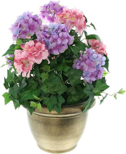 Preview: Kunstpflanze "Hortensie" im goldenen Topf, 55 cm hoch, künstliche Hortensien, Dekopflanze, Topfpflanze