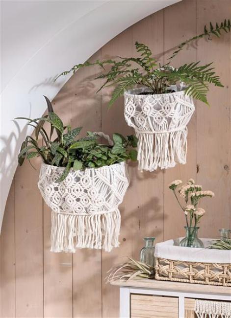 Preview: 2x Wandkorb "Makramee" aus Baumwolle & Canvas, beige, Wandpflanzer, Hängekorb im Boho Chic, Flechtkorb, Aufbewahrungskorb