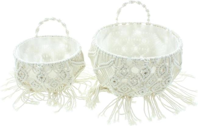 Preview: 2x Wandkorb "Makramee" aus Baumwolle & Canvas, beige, Wandpflanzer, Hängekorb im Boho Chic, Flechtkorb, Aufbewahrungskorb