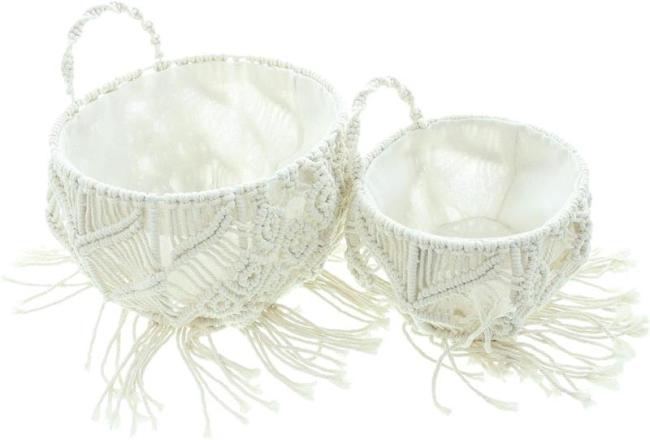 Preview: 2x Wandkorb "Makramee" aus Baumwolle & Canvas, beige, Wandpflanzer, Hängekorb im Boho Chic, Flechtkorb, Aufbewahrungskorb