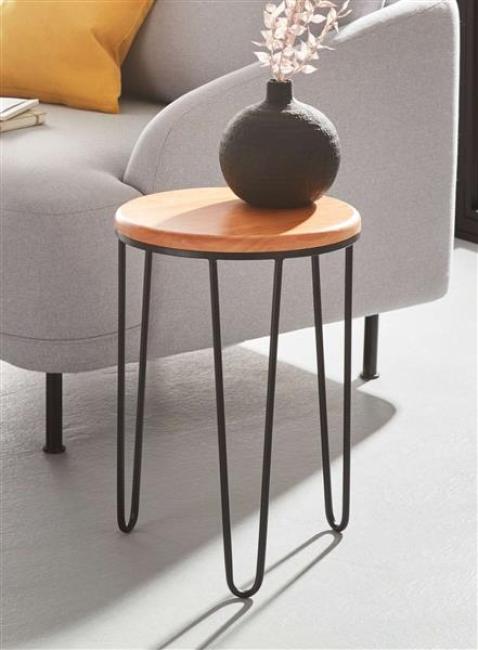 Preview: Beistelltisch "Retro" aus Metall, schwarz & Tischplatte aus Holz, Ø 33x46 cm, Wohnzimmertisch, Pflanzentisch, Blumentisch