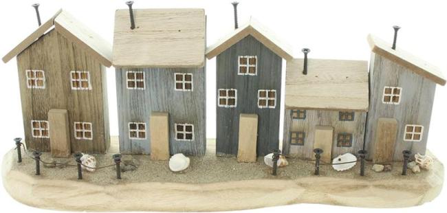 Preview: Dekoobjekt "Strandpromenade" aus Holz, Häuser mit Muscheln, Steinen und Sand, maritme Sommerdeko, Holzdeko