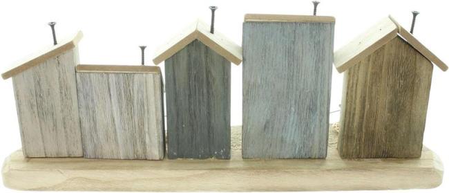 Dekoobjekt "Strandpromenade" aus Holz, Häuser mit Muscheln, Steinen und Sand, maritme Sommerdeko, Holzdeko