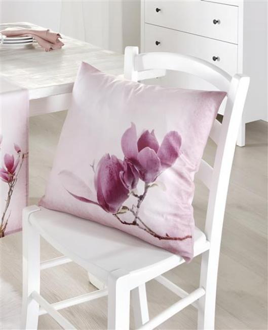 Preview: Kissenhülle "Tulpenmagnolie" in Samt Optik, rosa, 45x45 cm, Kissenbezug, Zierkissenbezug mit eingearbeitetem Reißverschluss