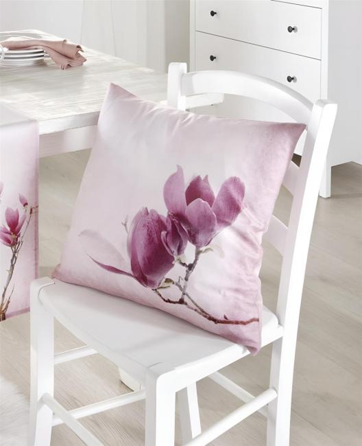 Kissenhülle "Tulpenmagnolie" in Samt Optik, rosa, 45x45 cm, Kissenbezug, Zierkissenbezug mit eingearbeitetem Reißverschluss