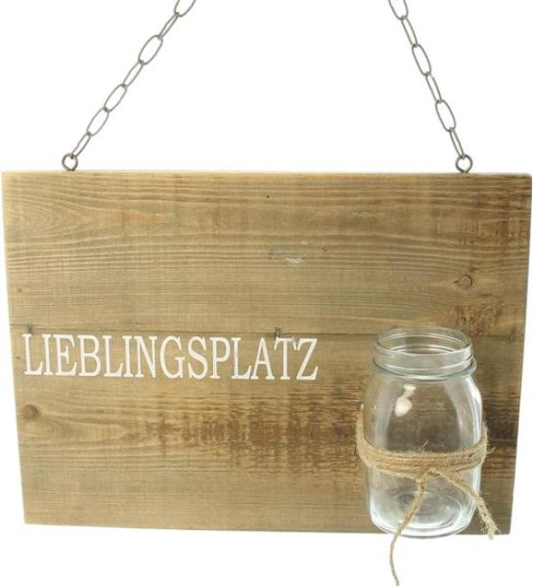 Preview: Schild "Lieblingsplatz" aus recyceltem Holz mit Glasvase, Wanddeko mit Schriftzug, Wandschmuck, Wandbild
