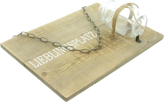 Preview: Schild "Lieblingsplatz" aus recyceltem Holz mit Glasvase, Wanddeko mit Schriftzug, Wandschmuck, Wandbild