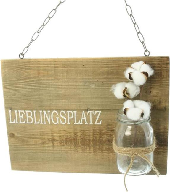 Schild "Lieblingsplatz" aus recyceltem Holz mit Glasvase, Wanddeko mit Schriftzug, Wandschmuck, Wandbild