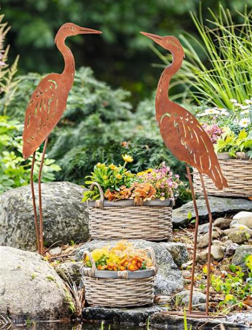 Preview: 2x Dekovogel aus Metall mit Echtrost Finish, 88 cm hoch, Garten Dekofigur, Gartendeko für Draußen