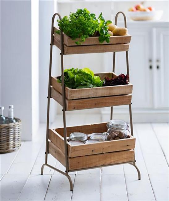 Preview: Kistenregal "Rustikal" mit 3 Kisten aus recyceltem Holz, Küchenregal, Obstregal, Gemüseregal, Standregal