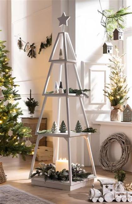 Preview: Dekotanne "Shabby White" aus Holz, weiß, Pyramide mit 4 Ebenen, 175 cm hoch, Regal