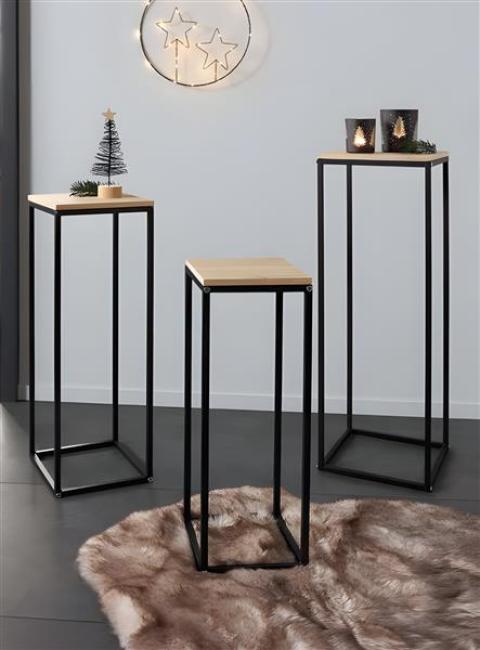 Preview: 3x Beistelltisch "Modern" aus Holz & Metall, Satztische, Blumenständer, Blumenhocker, Dekosäule