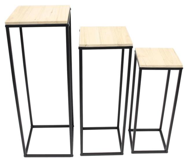 Preview: 3x Beistelltisch "Modern" aus Holz & Metall, Satztische, Blumenständer, Blumenhocker, Dekosäule