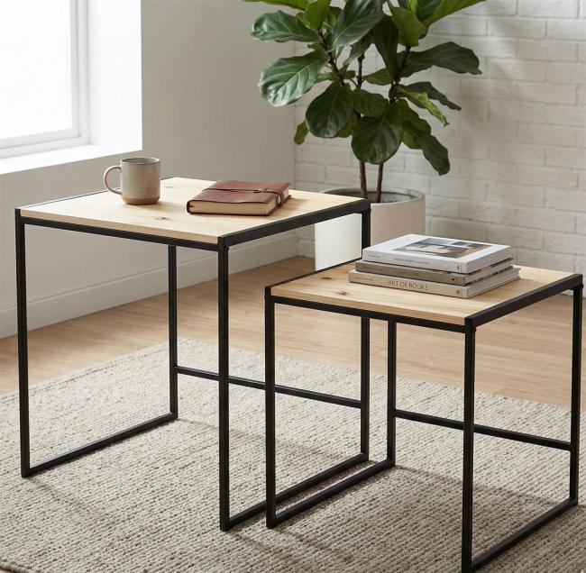 2x Beistelltisch "Modern" aus Metall & Holz, 40 + 50 cm hoch, Satztische, Wohnzimmertisch