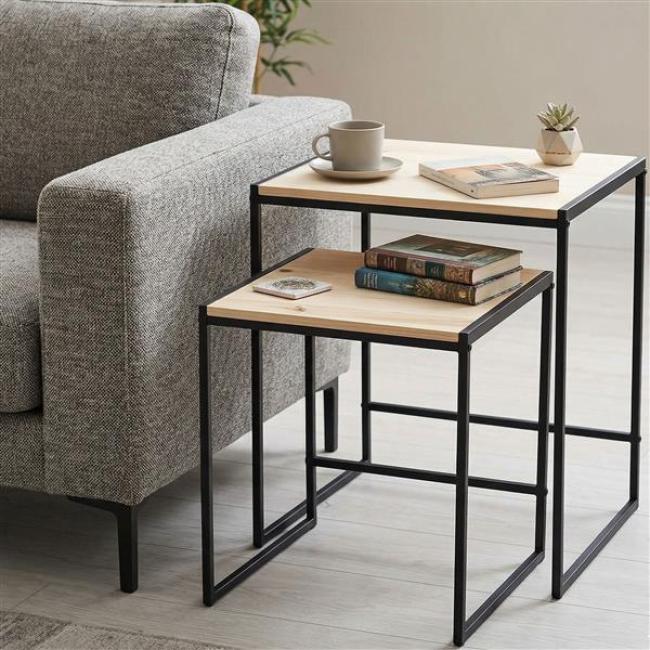 Preview: 2x Beistelltisch "Modern" aus Metall & Holz, 40 + 50 cm hoch, Satztische, Wohnzimmertisch