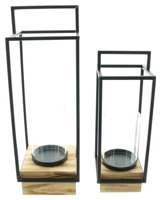 Preview: 2x Laterne "Modern Industrial" aus Metall & Glas mit Holz Sockel, 35 + 45 cm hoch, Windlicht
