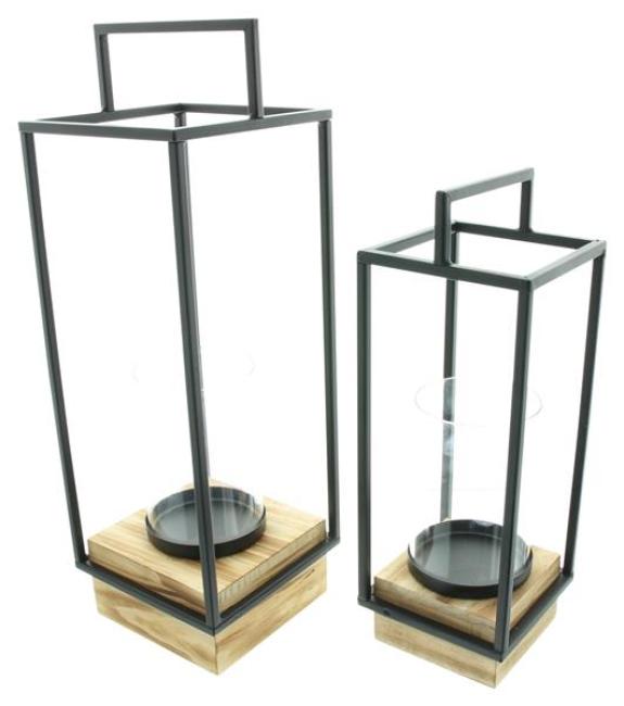Preview: 2x Laterne "Modern Industrial" aus Metall & Glas mit Holz Sockel, 35 + 45 cm hoch, Windlicht
