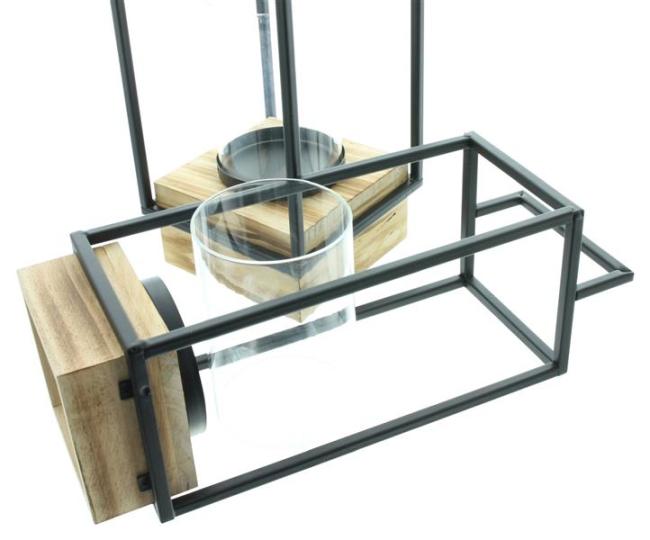 2x Laterne "Modern Industrial" aus Metall & Glas mit Holz Sockel, 35 + 45 cm hoch, Windlicht