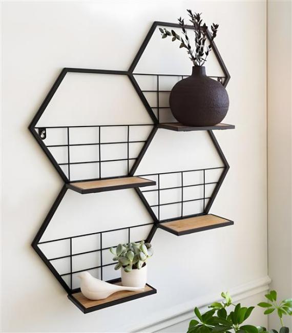Preview: Wandregal "Hexagon" aus Metall, schwarz, 4 klappbare Böden aus MDF, Wanddeko, Wandschmuck
