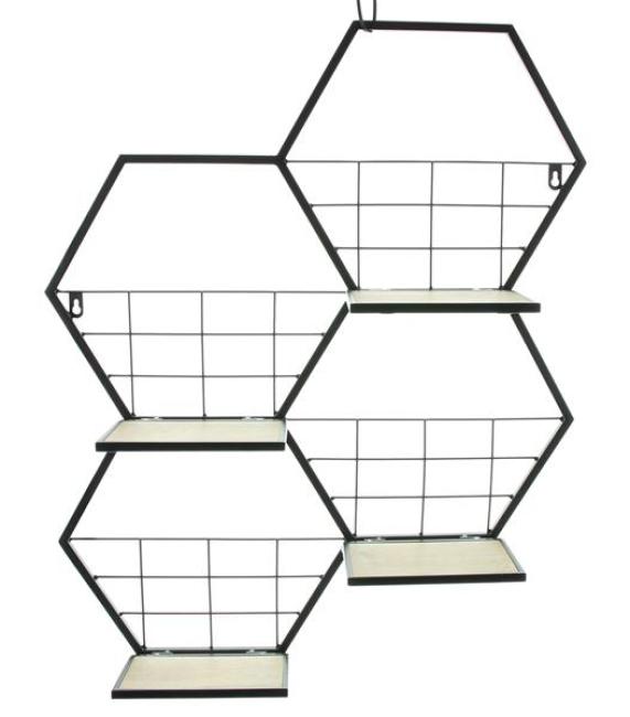 Preview: Wandregal "Hexagon" aus Metall, schwarz, 4 klappbare Böden aus MDF, Wanddeko, Wandschmuck